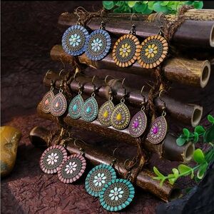 8 Pairs Multicolor Boho Gemstone Bejeweled Earrings